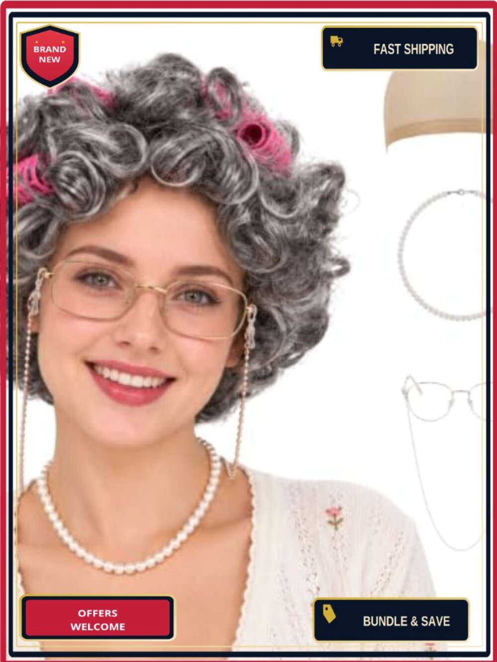 Old Lady Costume Wig Set with Cap Necklace Chain Glasses